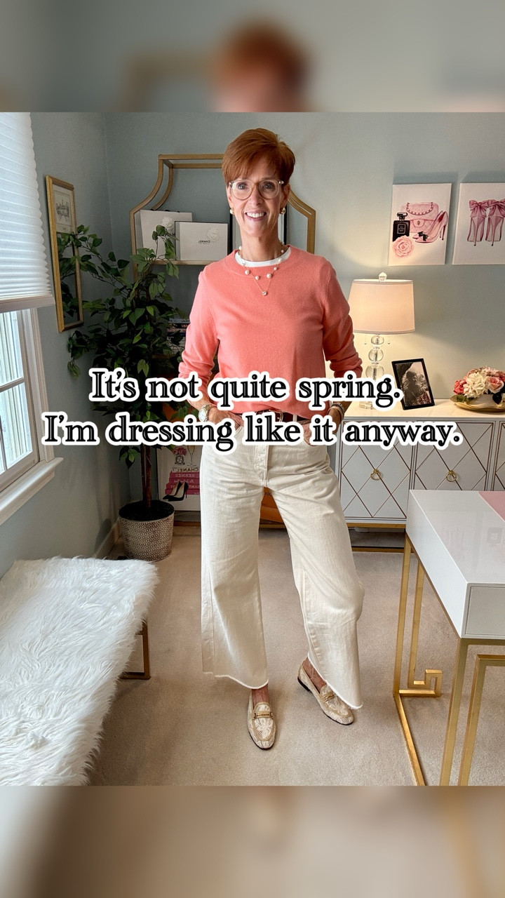 The first warm day always makes me want to skip straight to spring clothes… and then the weather reminds me it is not quite time yet.

Want the links? Like, Follow & Comment SHOP and I’ll send links right to your DM.

So instead of doing a full seasonal jump, I like to add a pop of color and keep the rest of the outfit grounded. That is exactly what this look does: a bright coral sweater layered over a white tee, wide-leg cream jeans, and spring loafers that feel lighter without pretending it is suddenly 70 degrees every day.

This is one of my favorite ways to bridge the gap between winter and spring without overthinking it or buying a whole new wardrobe. A little color can shift the whole mood of an outfit.

Save this for the next first-warm-day outfit moment, and send it to a friend who is already mentally in spring clothes.

If this found you at the right time, you’re exactly who I create for. Come along for timeless outfits, tall-friendly finds, and everyday style that actually works.

#ClassicEverydayStyle�#SpringOutfitIdeas�#WomenOver40Style�#tallwomenstyle

#LTKTall #LTKOver40 #LTKootd
