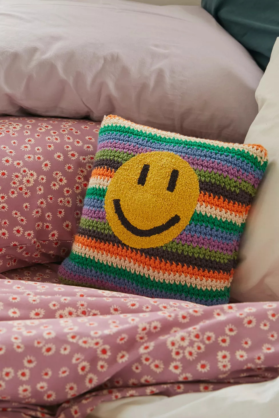 Happy Face Mini Crochet Throw Pillow | Urban Outfitters (US and RoW)