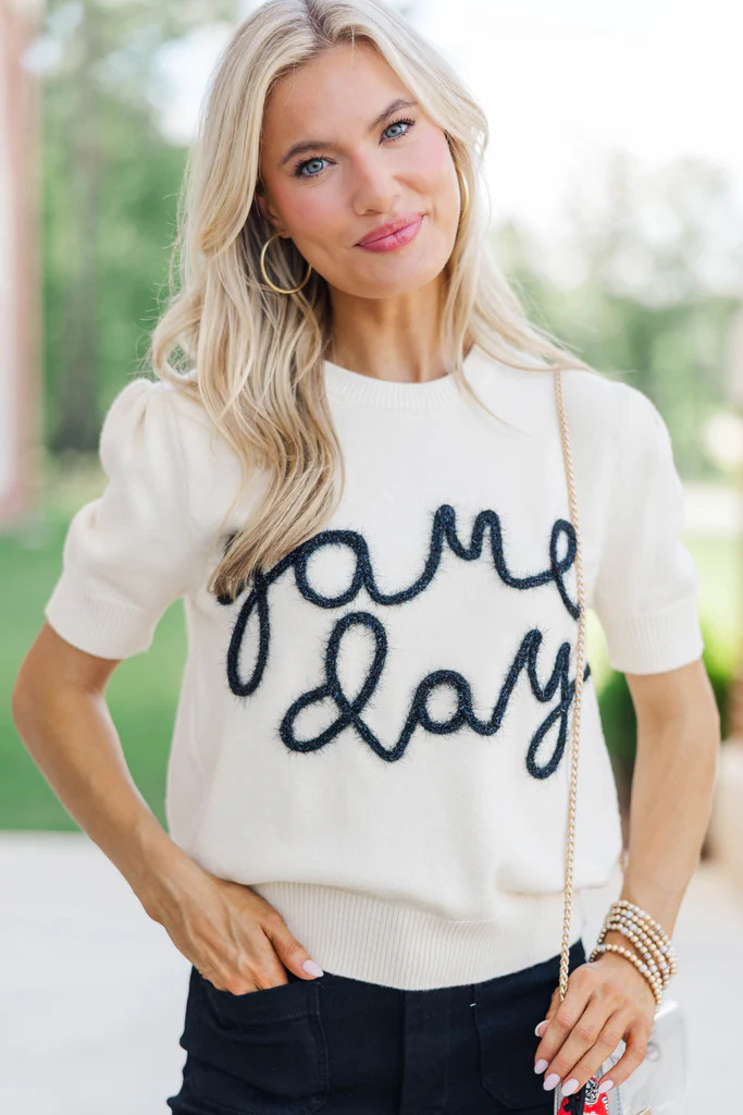 To The Stadium White and Black Game Day Puff Sleeve Sweater | The Mint Julep Boutique