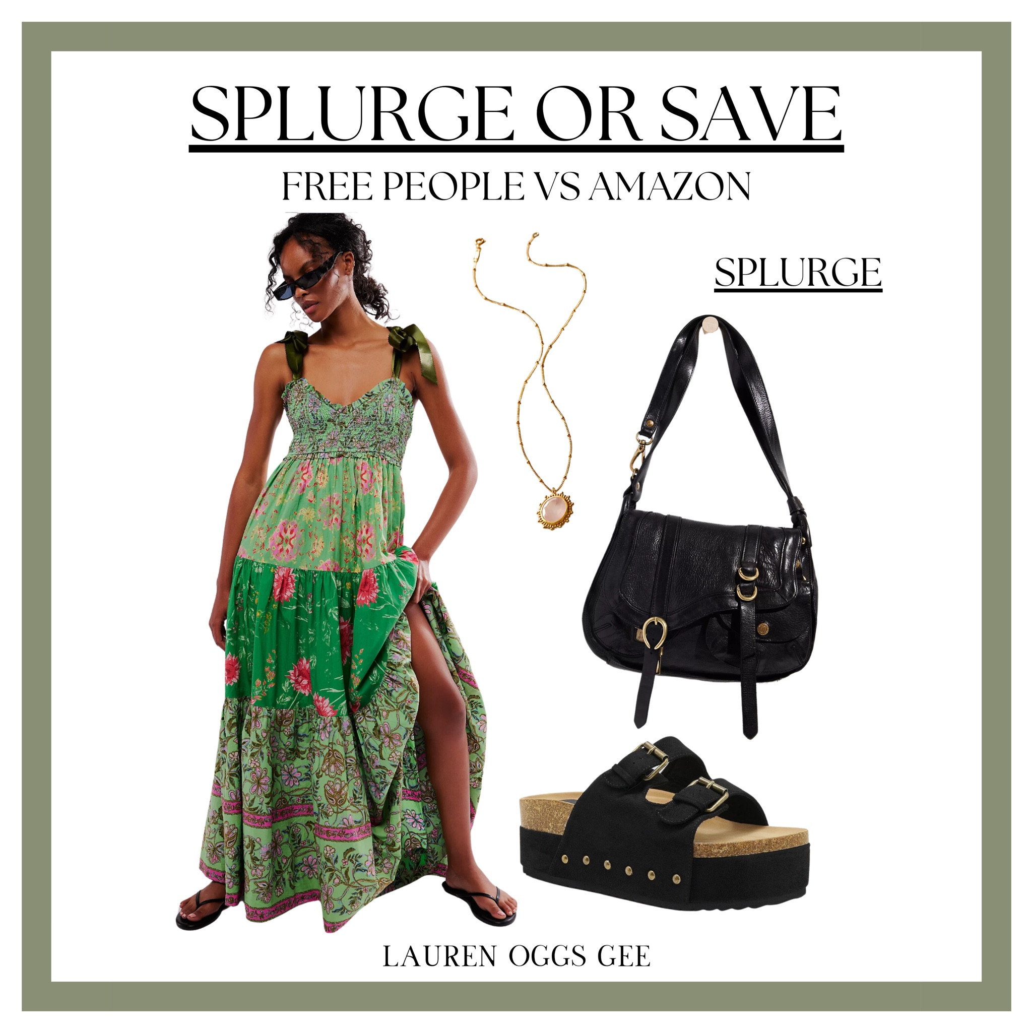 Ladies, it's time for another edition of our Splurge or Save series! Today, we’re comparing some fabulous finds that promise to elevate your wardrobe, whether you're splurging or saving. 🌟 

First up, these stunning dresses. They’re the exact same dresses from both Free People and Amazon, but at different price points! Whether you're drawn to Free People's signature boho elegance or Amazon's accessible fashion, you'll find the perfect fit, size, and pattern to suit your style. 

Next, let's talk shoes. These platform sandals are a modern must-have, adding a stylish touch to any outfit. Both Free People and Amazon offer a variety of colors to choose from, letting you decide between premium quality and budget-friendly chic. 

No outfit is complete without the perfect bag. A black saddle bag is a timeless staple in any wardrobe, offering both versatility and sophistication. 

Lastly, add a touch of elegance with these dainty necklaces. Subtle yet striking, they enhance any ensemble and add just the right amount of sparkle. 

So, are you splurging or saving on this look? Share your choice in the comments! ⬇️




#LTKOver40 #LTKStyleTip #LTKMidsize