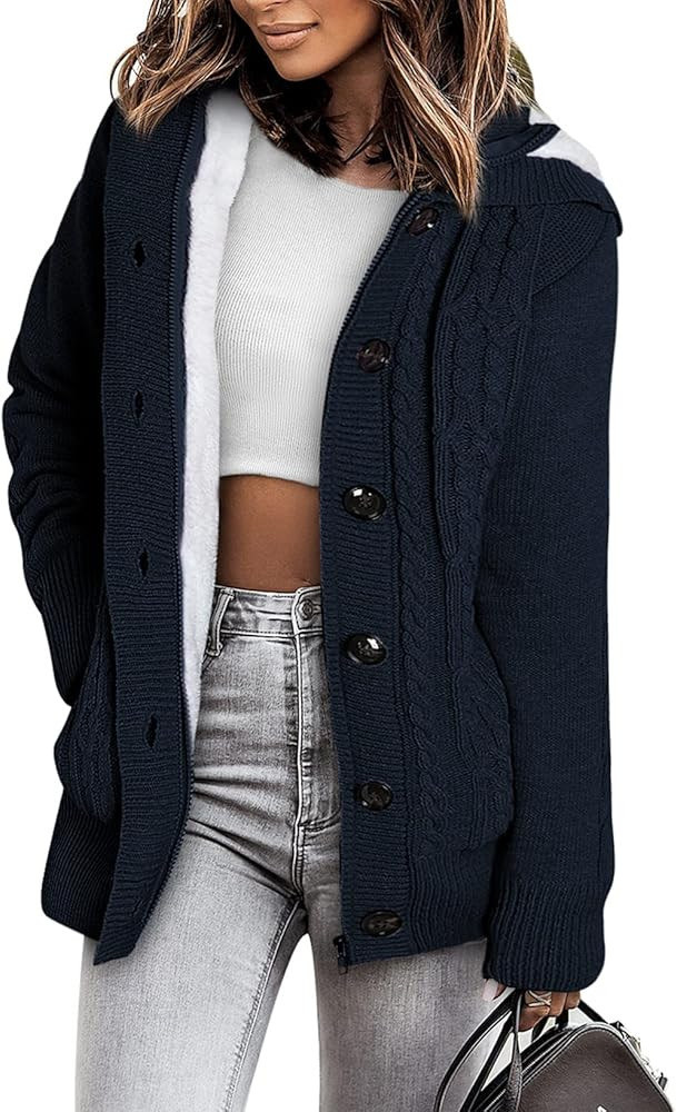 Sidefeel Women's Cardigan Sweaters Hooded Cardigans Fleece Lined Jackets Winter Sweater Coat | Amazon (US)