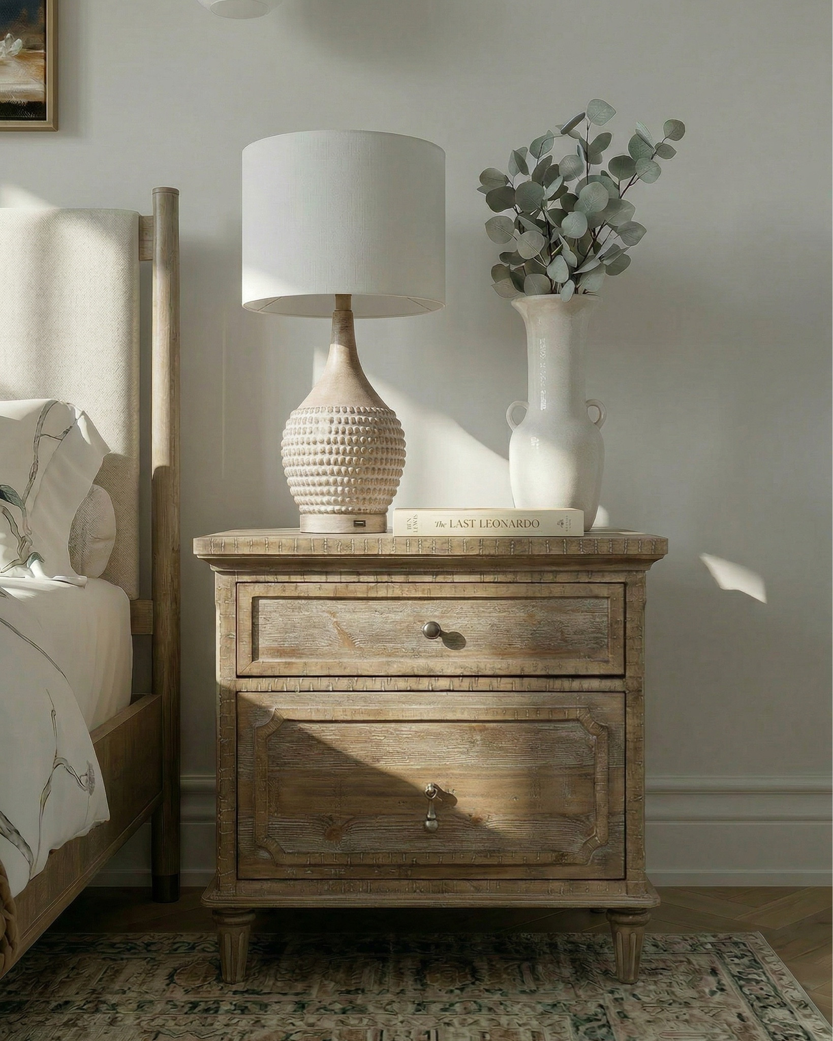 Upholstered bed with wood frame
Nightstands 
6-drawer wood dresser 
Wood upholstered Accent chair 
Upholstered bench
Mid-century style chandelier (brass + globe bulbs)
Wall sconces
Table lamps
 artwork 
Decorative mirror (arched, gold frame)
Area rug vintage-style, muted tones
Brown Throw blanket (chunky knit)
Floral Decorative pillows
Candlesticks
Decorative trays
Small bowls
Books 
Sculptural decor objects
Vases with greenery/branches


#LTKHome #LTKSaleAlert