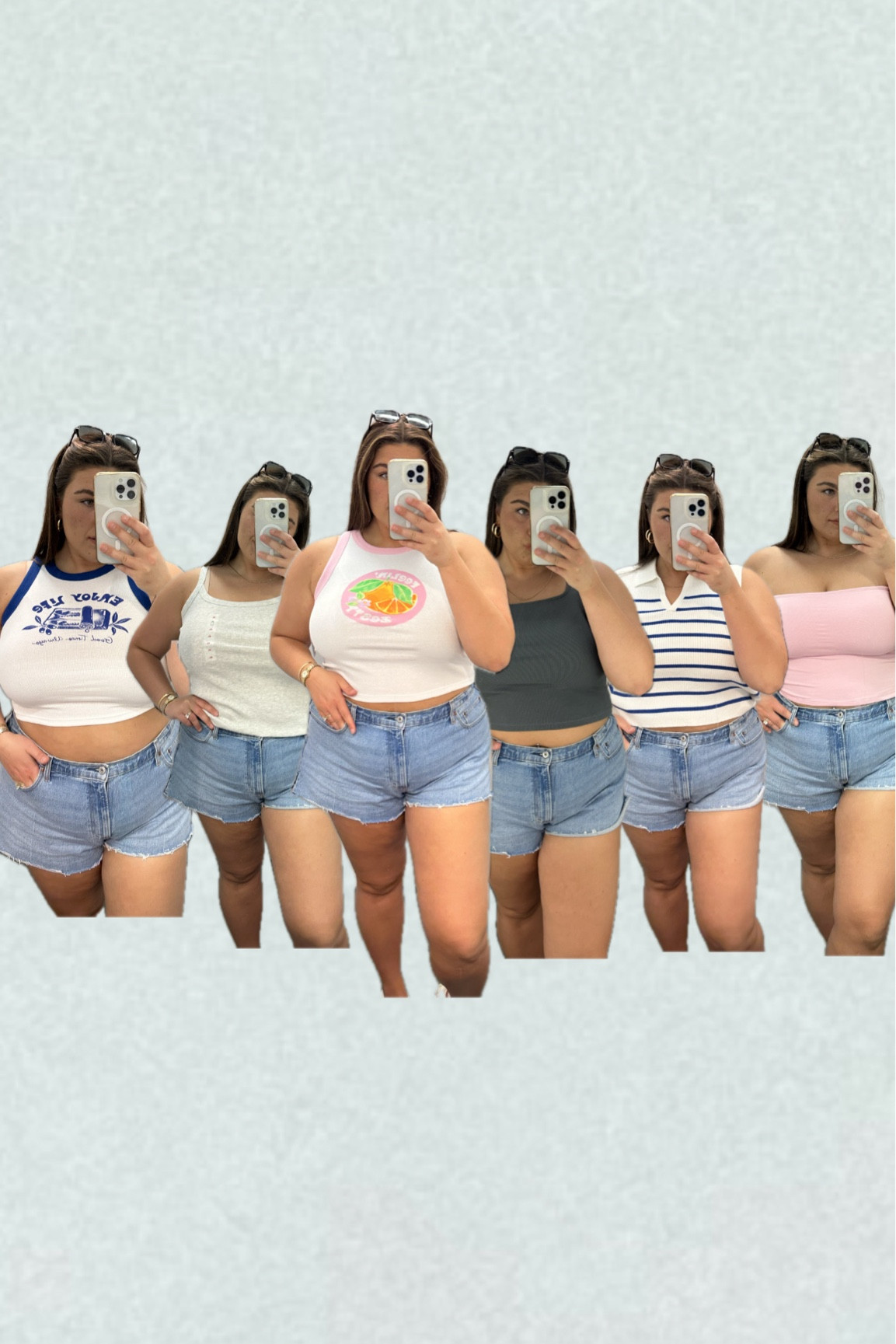 Blue graphic tank: M 
Pink graphic tank: L 
Strapless pink: 2X 
Other tanks: XL

OLD NAVY FINDS!
Abercrombie denim shorts size 34


#LTKStyleTip #LTKMidsize #LTKPlusSize