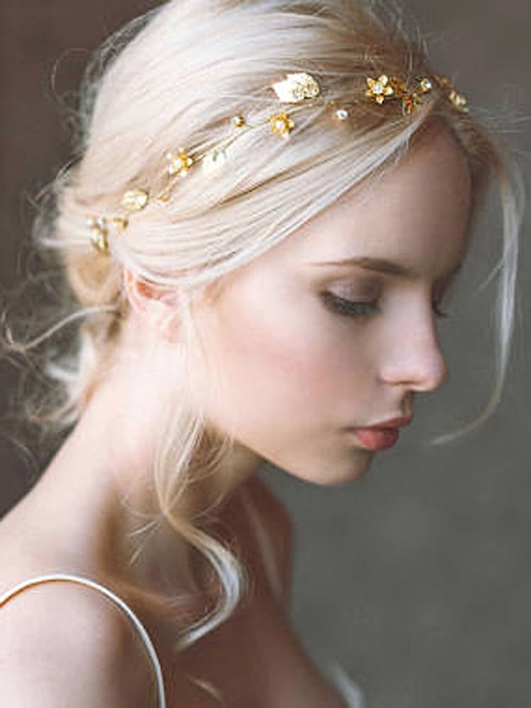 Yean Bride Wedding Hair Vine Headband Gold Leaf Bridal Accessories for Women (Gold) (Gold) | Amazon (US)