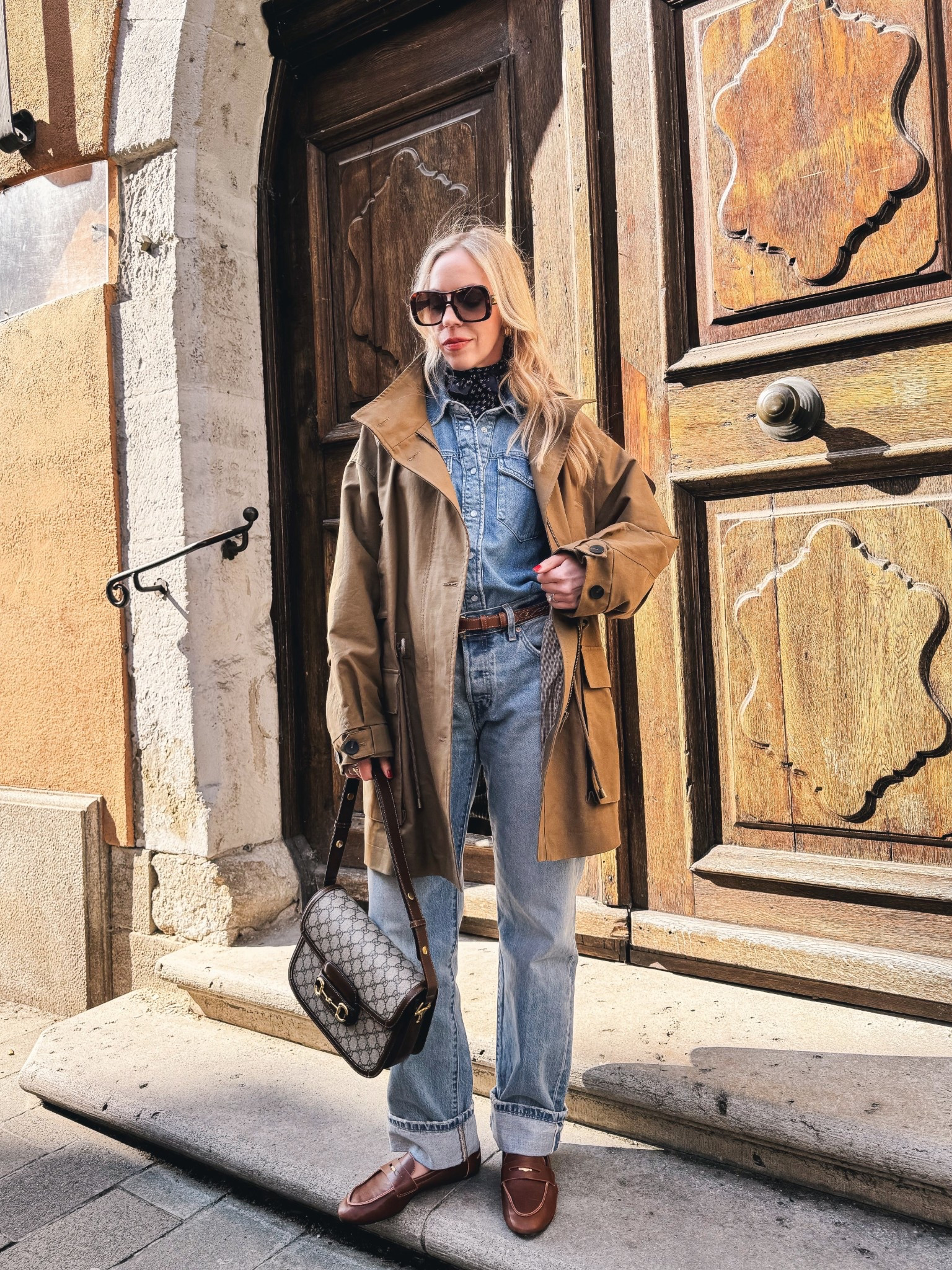 Spring outfit, travel look, @Zara utility jacket, denim on denim, @Levi's cuffed baggy jeans, leather loafers, silk scarf outfit, Gucci bag 

#LTKOver40 #LTKTravel #LTKSeasonal