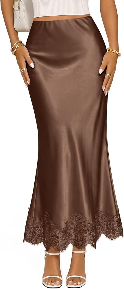 MEROKEETY Women's 2026 Fashion Satin Lace Trim Business Casual Maxi Skirts | Amazon (US)