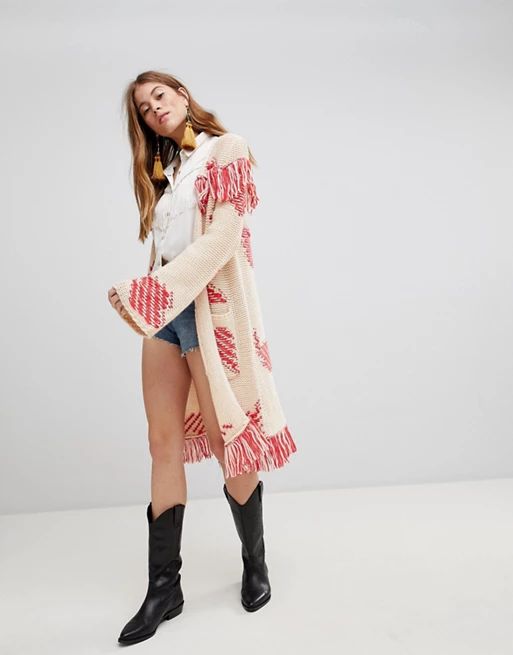 Glamorous Longline Cardigan With Contrast Fringing In Chunky Knit | ASOS US