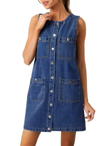 POLIRO Denim Dress for Women, Sleeveless Jean Dress Button Down Dresses Casual Summer Denim Mini Dresses with Pockets | Amazon (US)