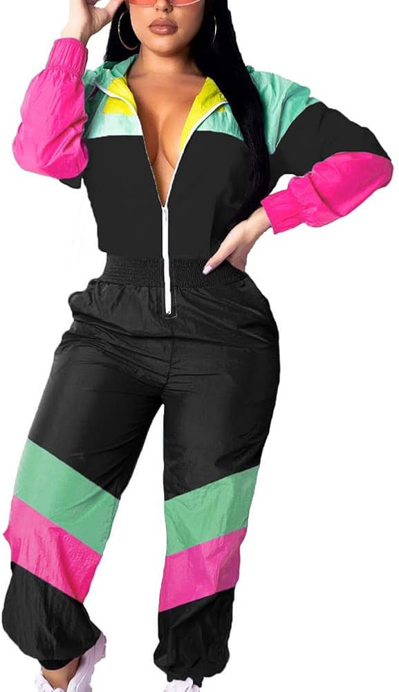 VOIKERDR Women Colorblock One Piece Outfits Set High Waist Pants Long Sleeve Zipper Front Windbre... | Amazon (US)
