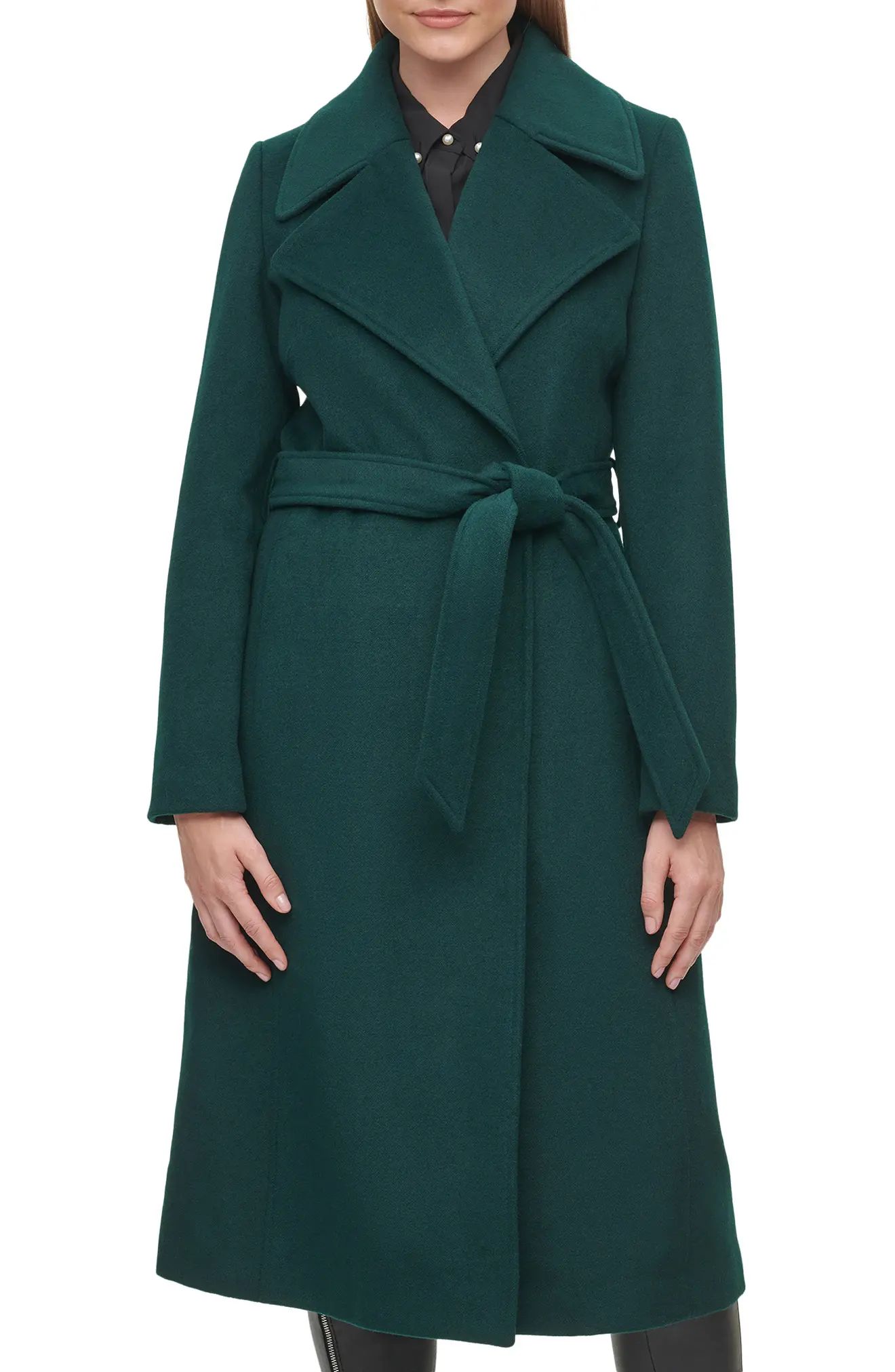 Karl Lagerfeld Paris Long Wool Blend Wrap Coat, Size Small in Emerald at Nordstrom | Nordstrom