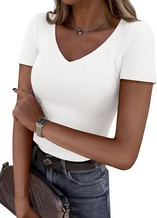PRETTYGARDEN Women 2026 Spring Tops Trendy Ribbed Short Sleeve V Neck Fitted Basic Tee Shirts Cas... | Amazon (US)