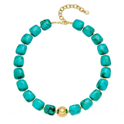 WOWORAMA Chunky Choker Necklaces for Women Trendy Chunky Beads Statement Necklace Lake Blue Large Square Resin Beaded Necklace Boho Summer Jewelry | Amazon (US)