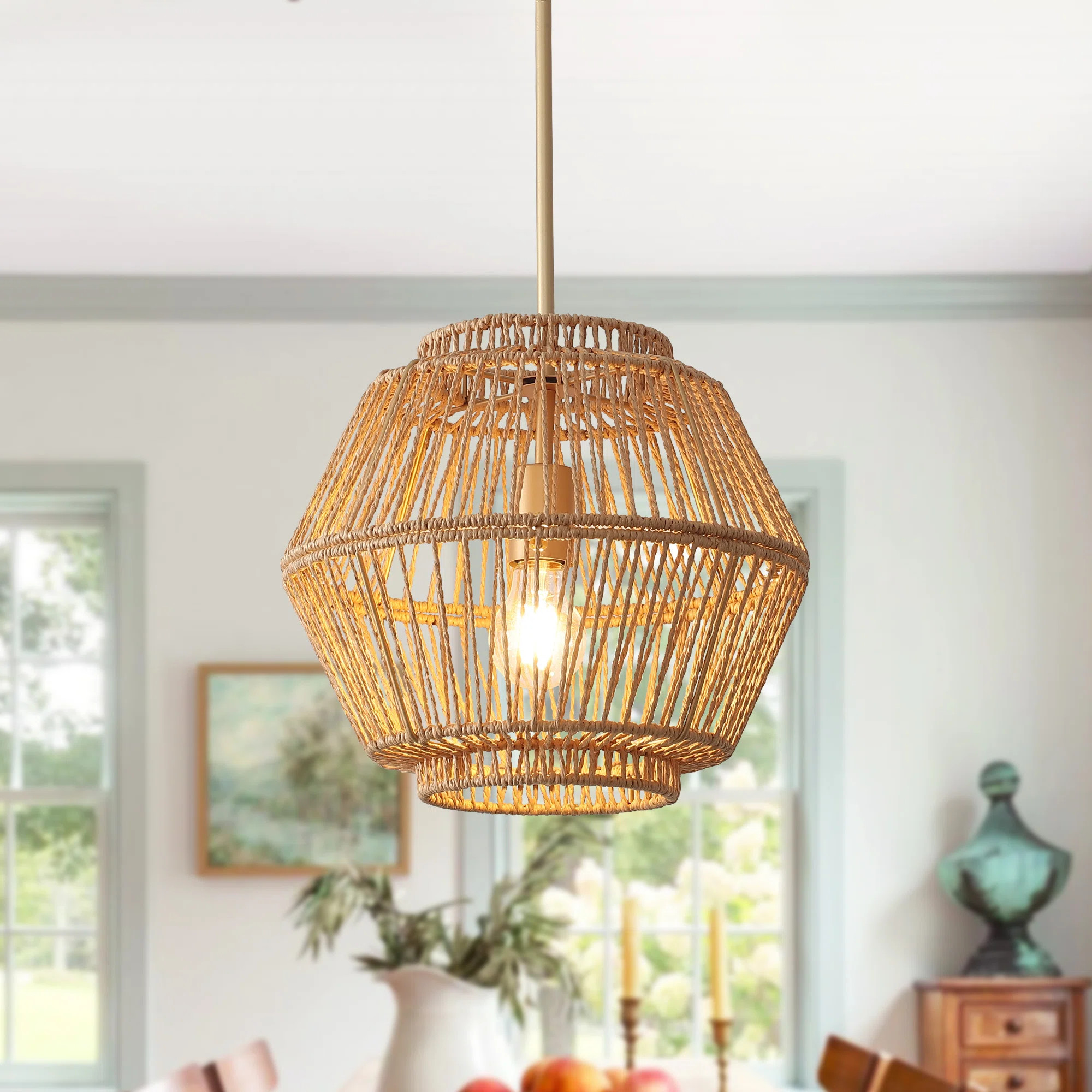 Alaysha 1 - Light 12.6" W Brass Single Pendant Hand-woven Natural Rattan Bohemian Chandelier | Wayfair North America