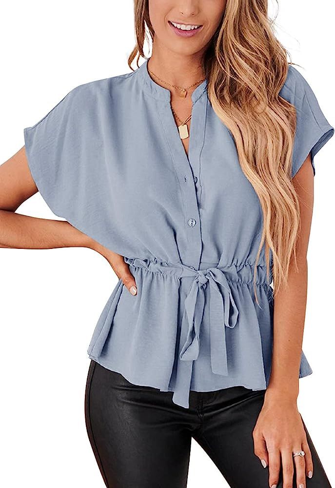 Womens Button Down Blouses Casual Peplum Summer Tops Dressy Chiffon Work Blouse | Amazon (US)