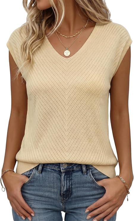 Dokotoo Sweaters for Women 2026 Summer Eyelet Cap Sleeve Knitted Vest V Neck Business Casual Loos... | Amazon (US)