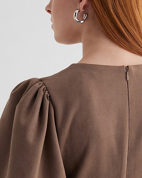 Suede V-neck Puff Sleeve Mini Dress | Express