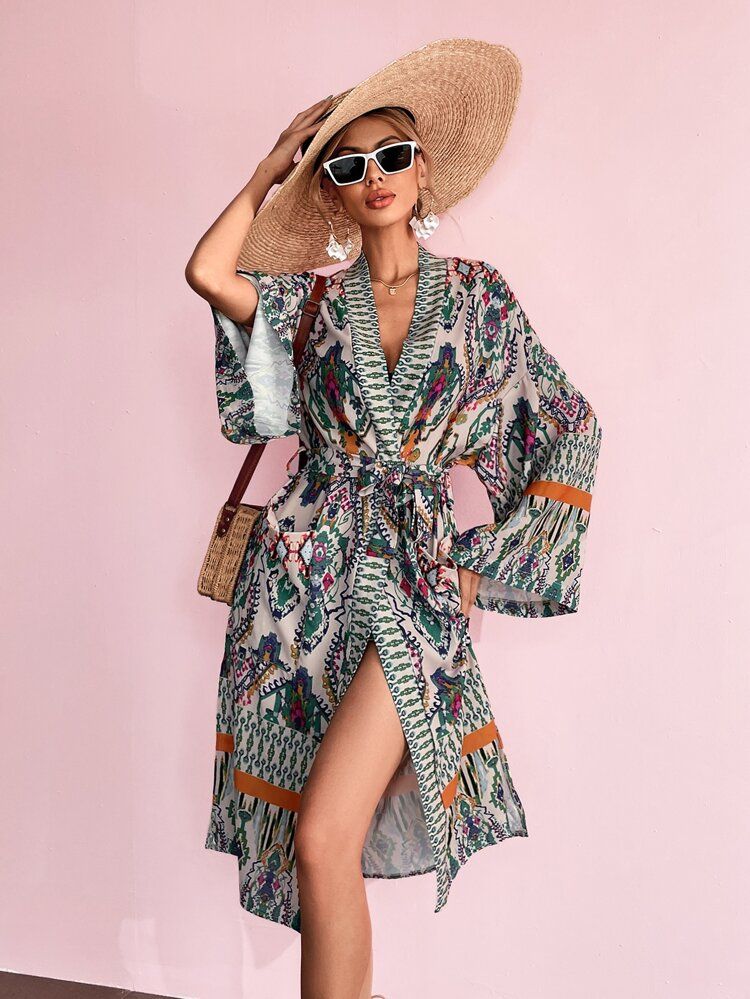 Allover Print Belted Kimono | SHEIN