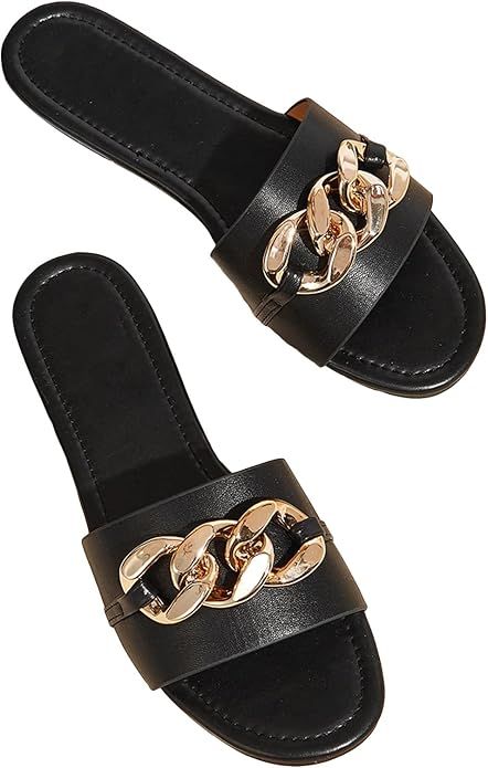 GORGLITTER Women's Chain Glitter Flat Sandals Open Toe Dressy Summer Flat Metallic Slide Sandal S... | Amazon (US)