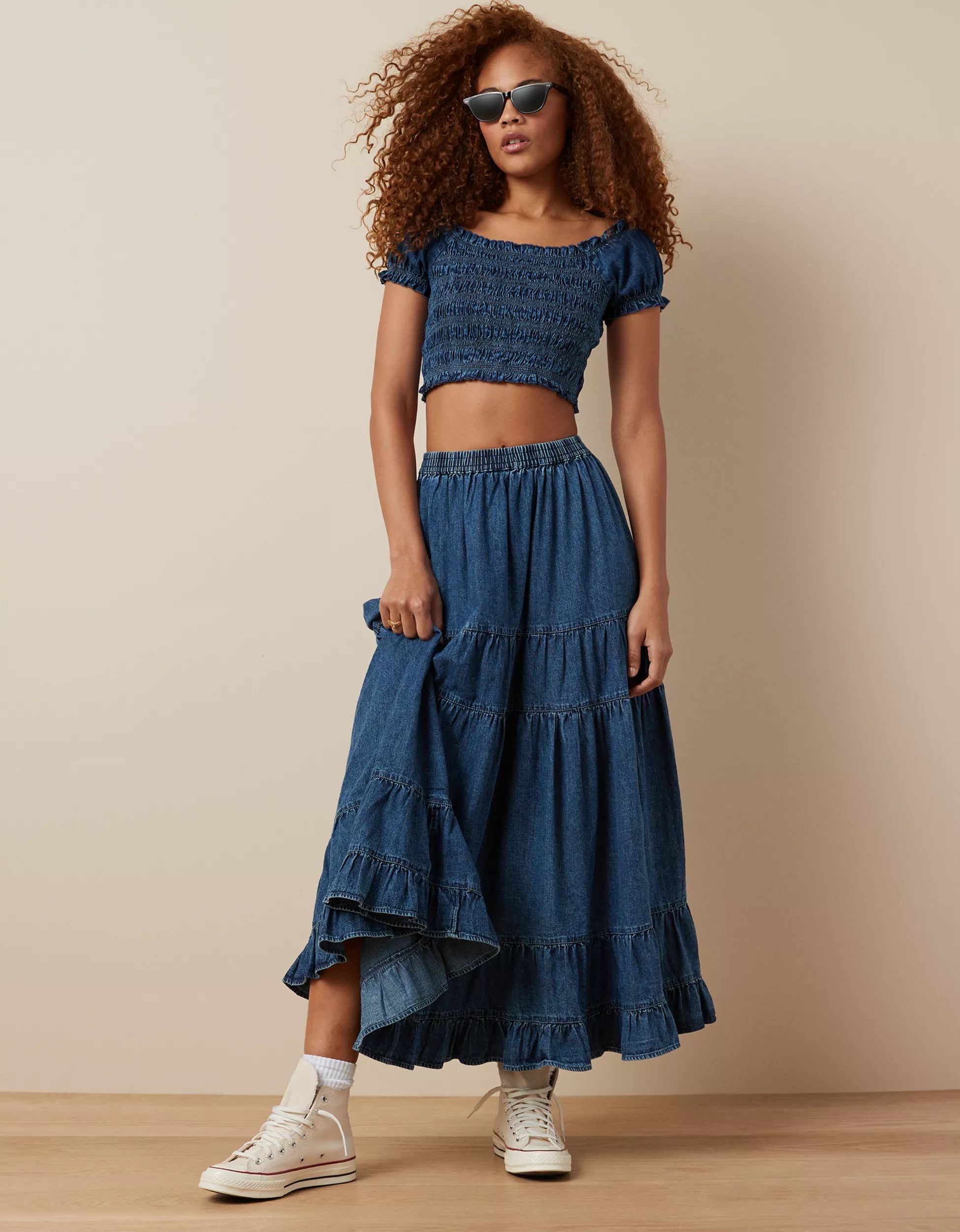 AE High-Waisted Chambray Maxi Skirt | American Eagle Outfitters (US & CA)