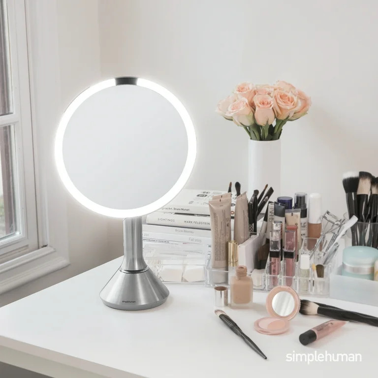 simplehuman 8" Round Sensor Makeup Mirror with Touch-Control Dual Light Settings, 5x Magnificatio... | Walmart (US)