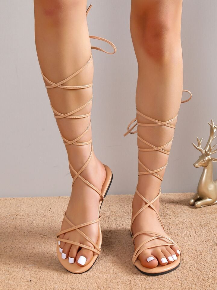 Women Tie Leg Design Strappy Sandals, Elegant Outdoor Flat Sandals | SHEIN