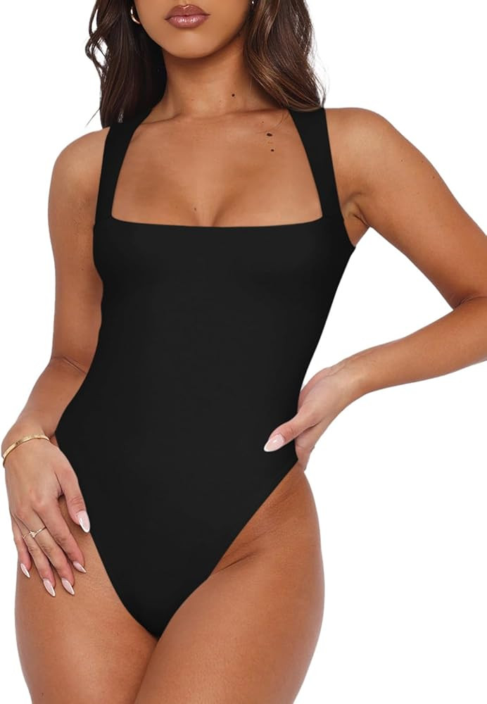 REORIA Women’s Sexy Sleeveless Square Neck Double Lined Bodysuit Tank Tops | Amazon (US)