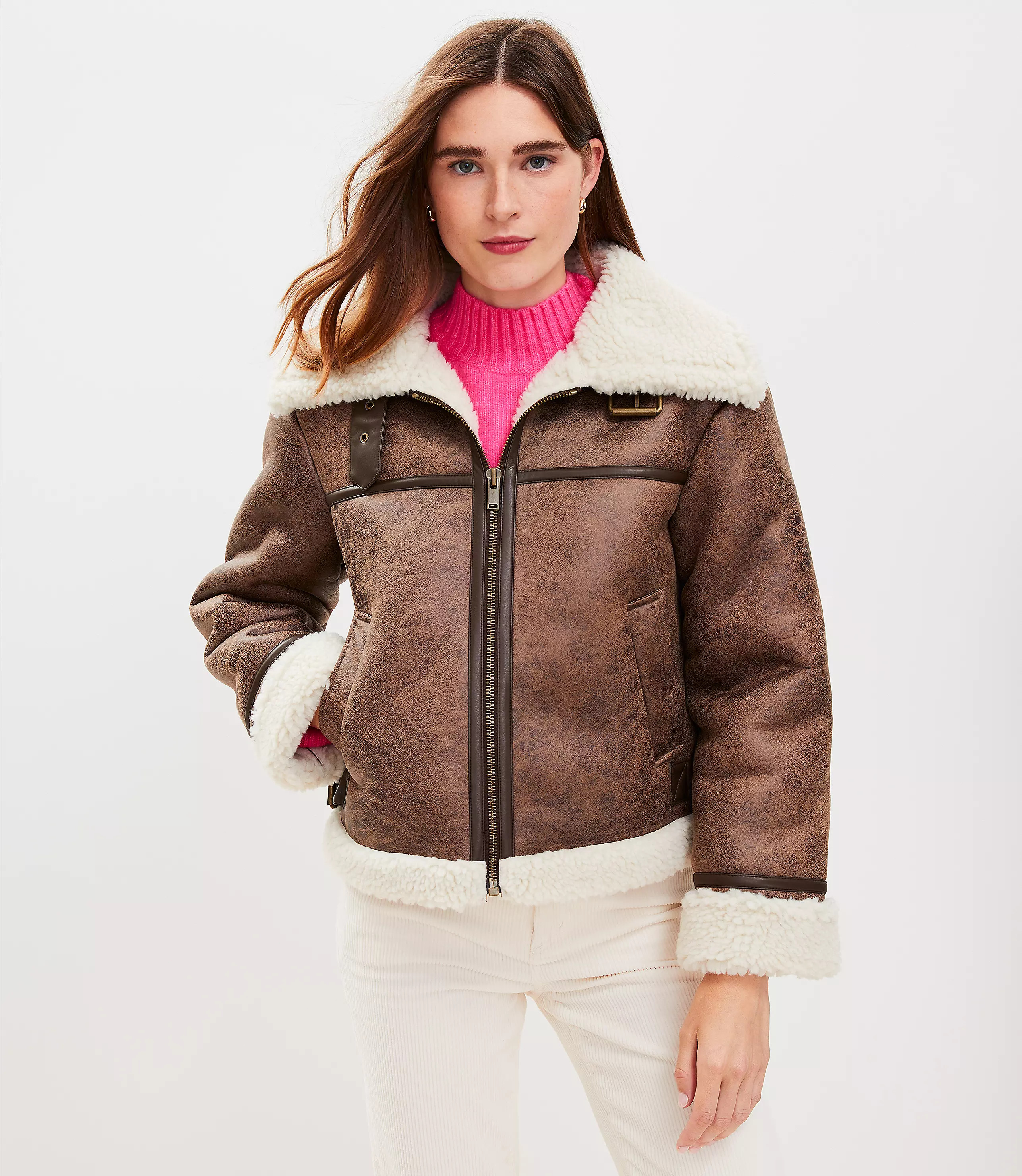 Crackle Suede Sherpa Aviator Jacket | LOFT
