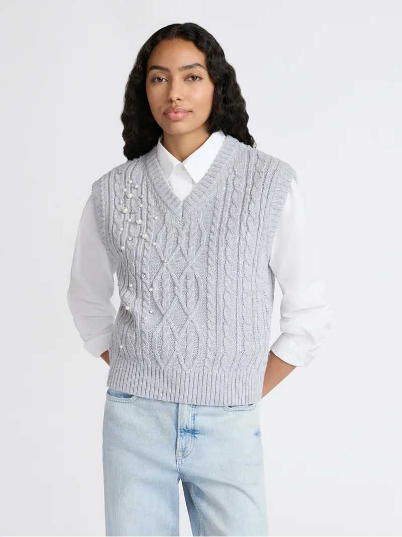 Free Assembly Women's Embellished V-Neck Cable Sweater Vest, Sizes XS-XXL | Walmart (US)