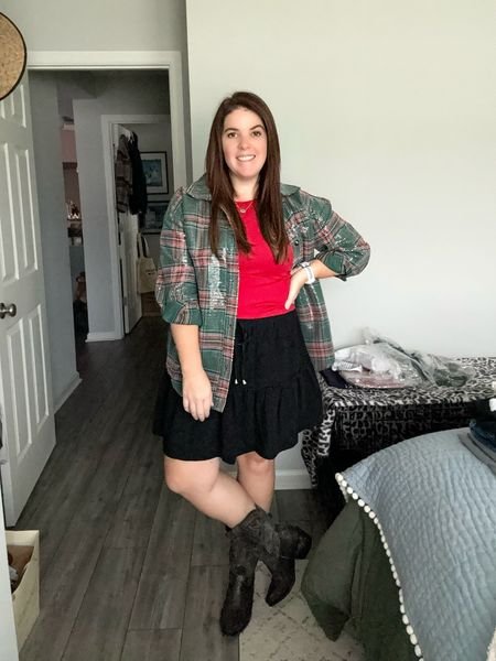 Trying to feel festive while dealing with this FL rainstorm! Took this look and upgraded it with a sequin plaid shacket and my Tecovas! This look was so cute for a day out and I was lucky enough to beat the rain so the boots didn’t get wet! Everything runs TTS! 

#LTKmidsize #LTKstyletip #LTKHoliday