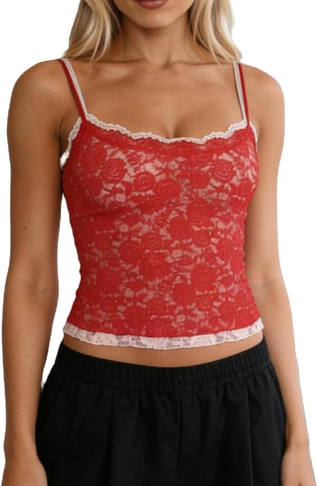 Women Y2k Lace Trim Camisole Spaghetti Strap Square Neck Sleeveless Slim Fitted Basics Going Out ... | Amazon (US)