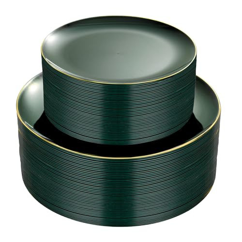PULOTE 100PCS Green Plastic Plates - Green Disposable Plates With Gold Rim - Include 50 Pieces Dinner 10.25inch,50 Pieces Dessert 7.5inch for Party&Christmas | Amazon (US)