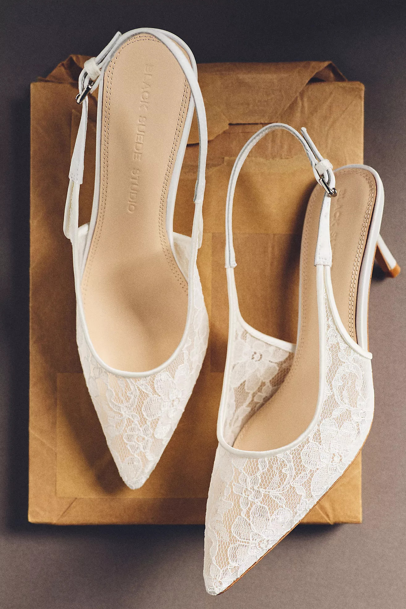 Black Suede Studio Maise Lace Pointed-Toe Slingback Heels | Anthropologie (US)