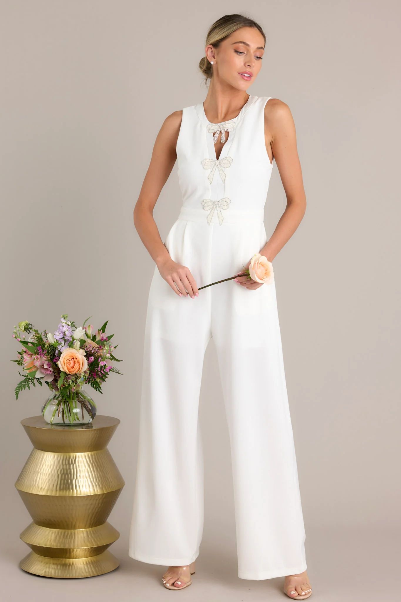 Luminous Bliss White Sleeveless Jumpsuit | Red Dress