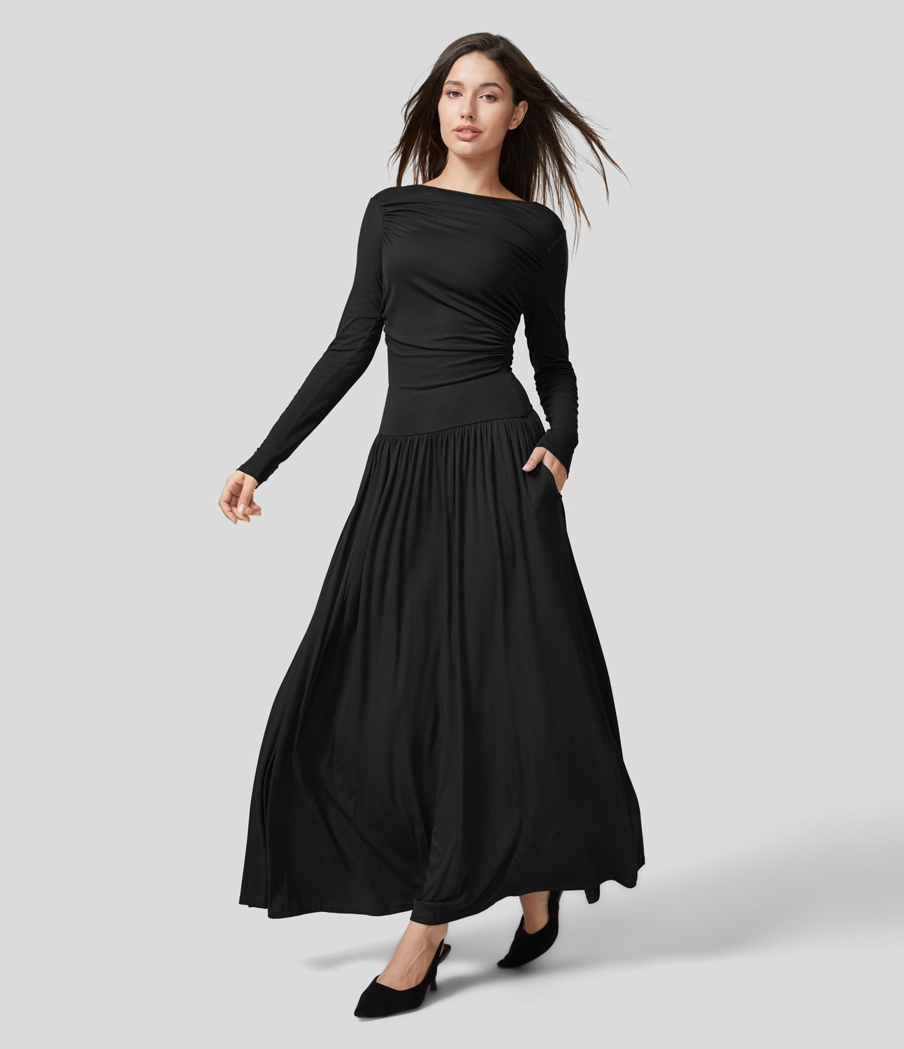 Women’s Ribbed Boat Neck Long Sleeve Ruched Side Pocket Flowy Maxi Casual Dress - Halara | HALARA