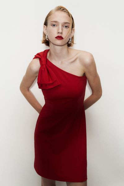 Bow-detail One-shoulder Dress | Red Mini Dress | Red Velvet Dress | Red Cocktail Dress | H&M (US + CA)