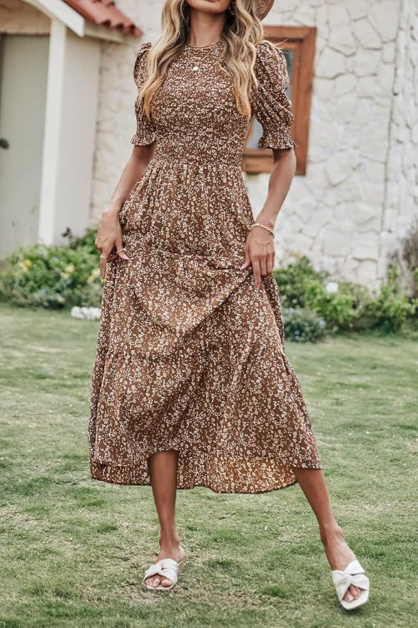 BTFBM Women Casual Summer Dresses 2025 Spring Crew Neck Ruffle Short Sleeve Floral Print Smocked ... | Amazon (US)