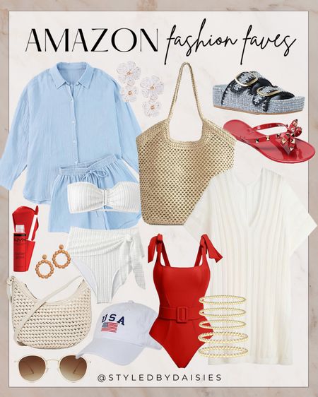 Red white and blue Amazon fashion faves! Perfect summer pieces for MDW and the 4th of July! 

#amazonfinds

Amazon finds. Amazon fashion. Amazon style. red white and blue fashion. MDW outfit idea. Red one piece swimsuit. Straw tote bag. Two piece swim coverup set. White swim coverup dress. Red rockstud sandals. USA baseball cap  

#LTKSeasonal #LTKStyleTip #LTKFindsUnder100