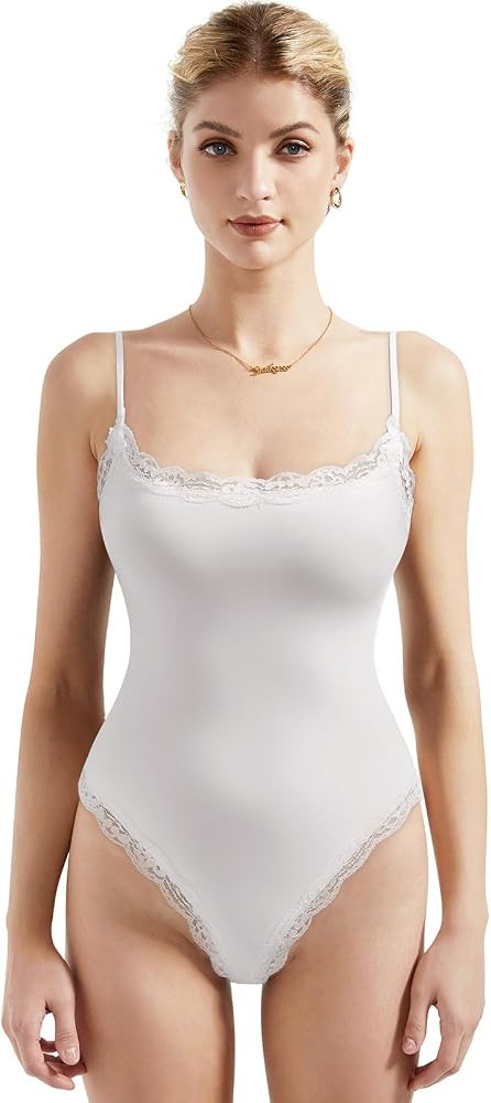 SUUKSESS Women Lace Trim Bodysuits Sleeveless Spaghetti Strap Tank Top | Amazon (US)