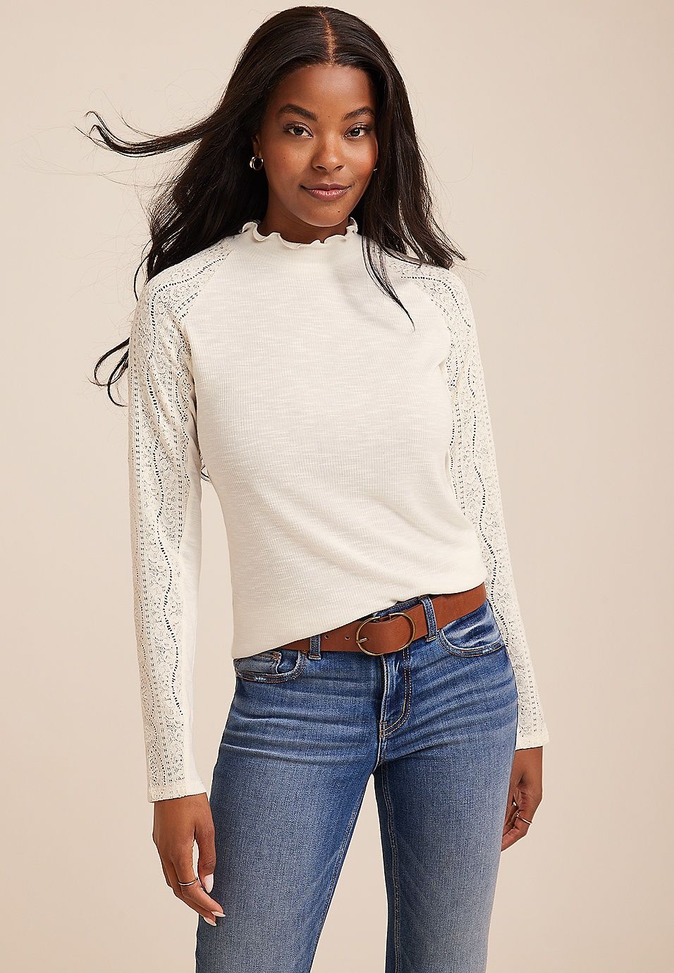 Lace Sleeve Mock Neck Top | Maurices