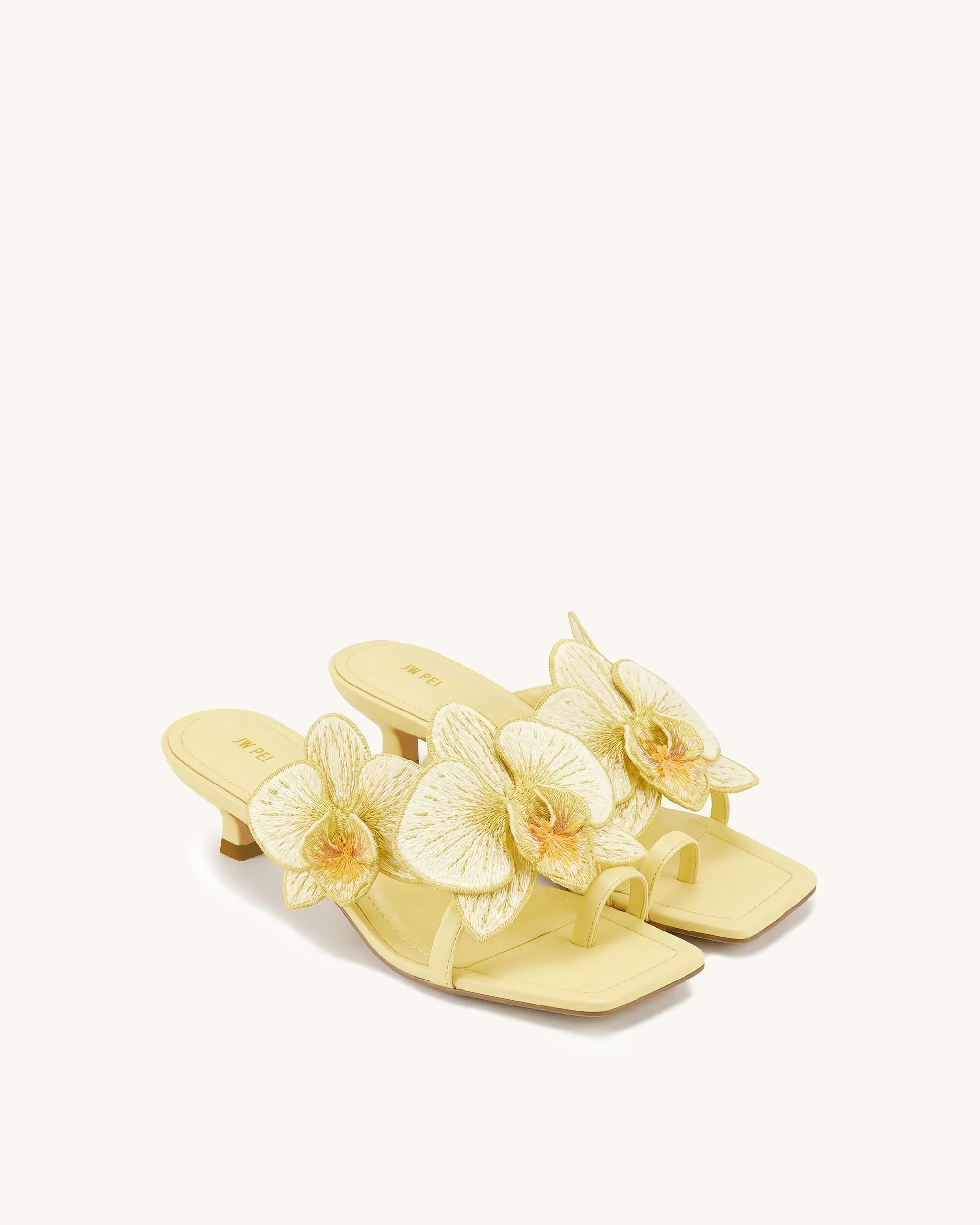 Serena Orchid Embroidered Toe Ring Heeled Sandals - Butter Yellow | JW PEI US
