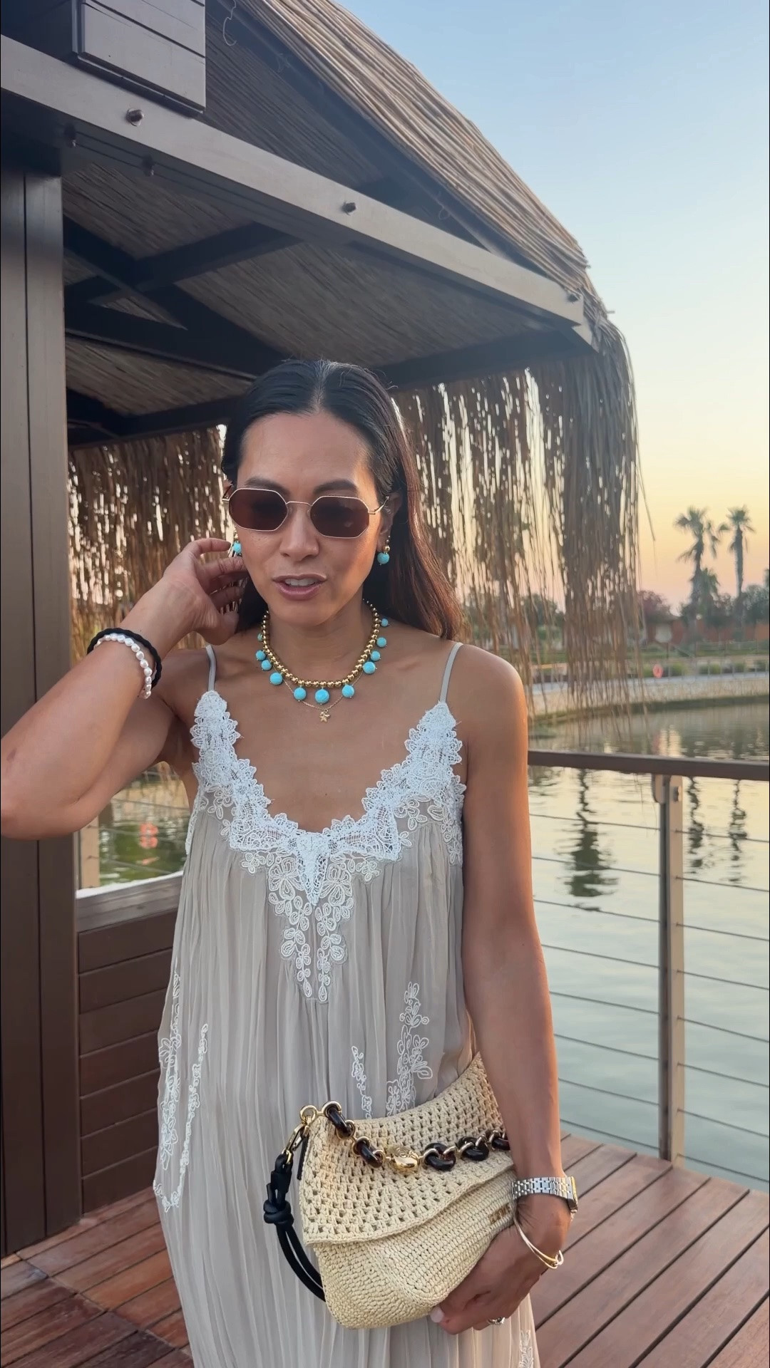 Quick fit check for dinner. I’m wearing this beautiful dress styled with my beautiful turquoise jewels and accessories!

#LTKuk #LTKFashionMonth #LTKsummer