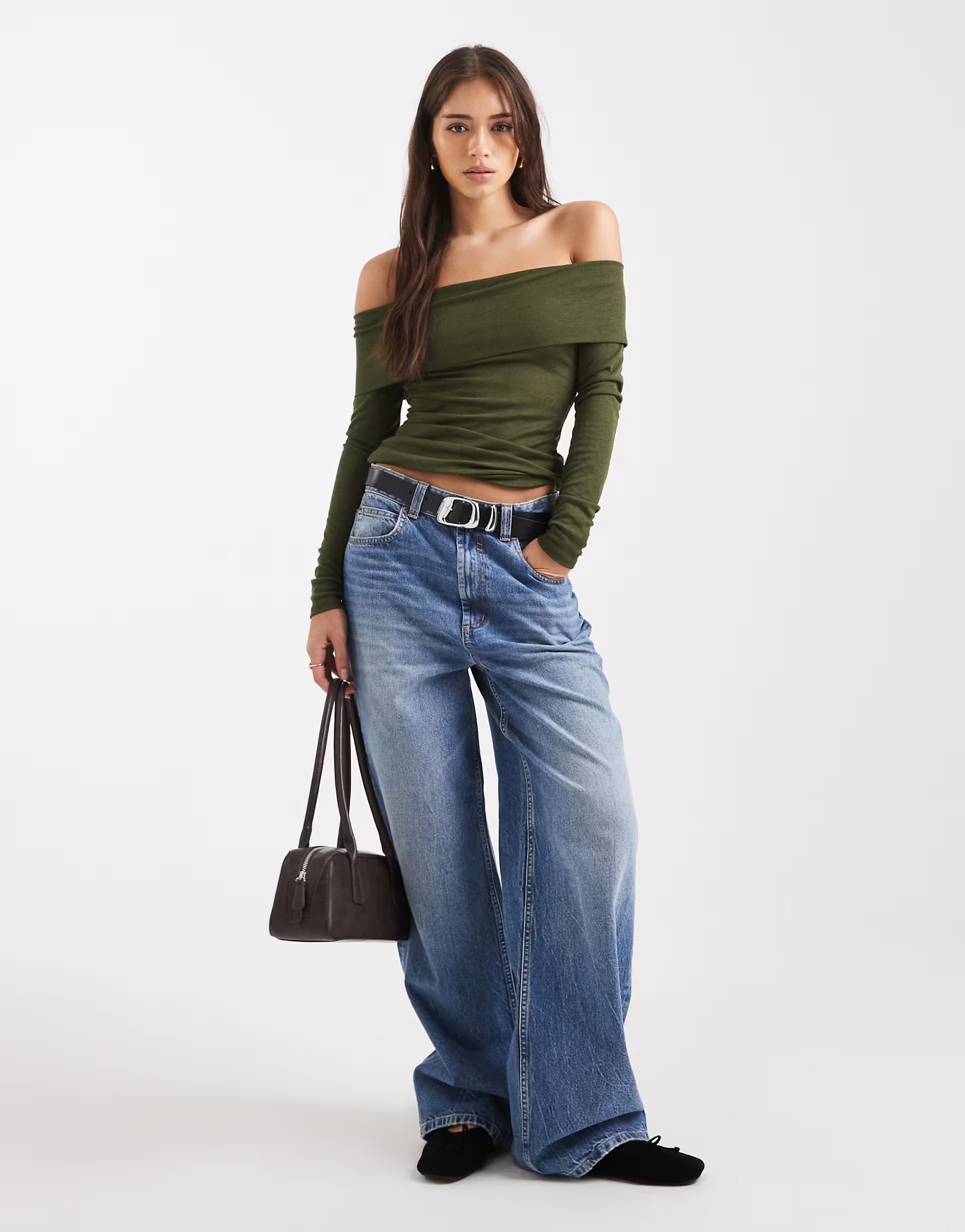 Miss Selfridge fine knit bardot top in olive | ASOS | ASOS (Global)