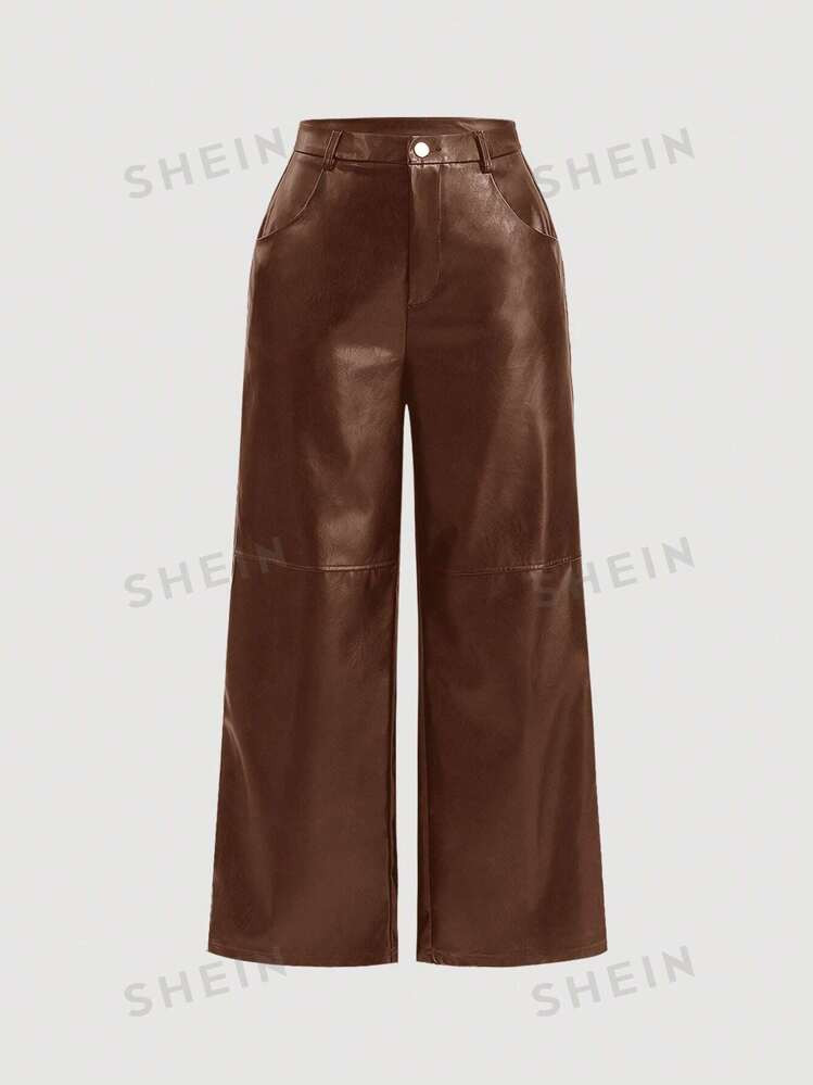 SHEIN MOD Black Solid Color Design Patchwork Side Pocket Faux Leather Straight Leg Pants, Plus Si... | SHEIN