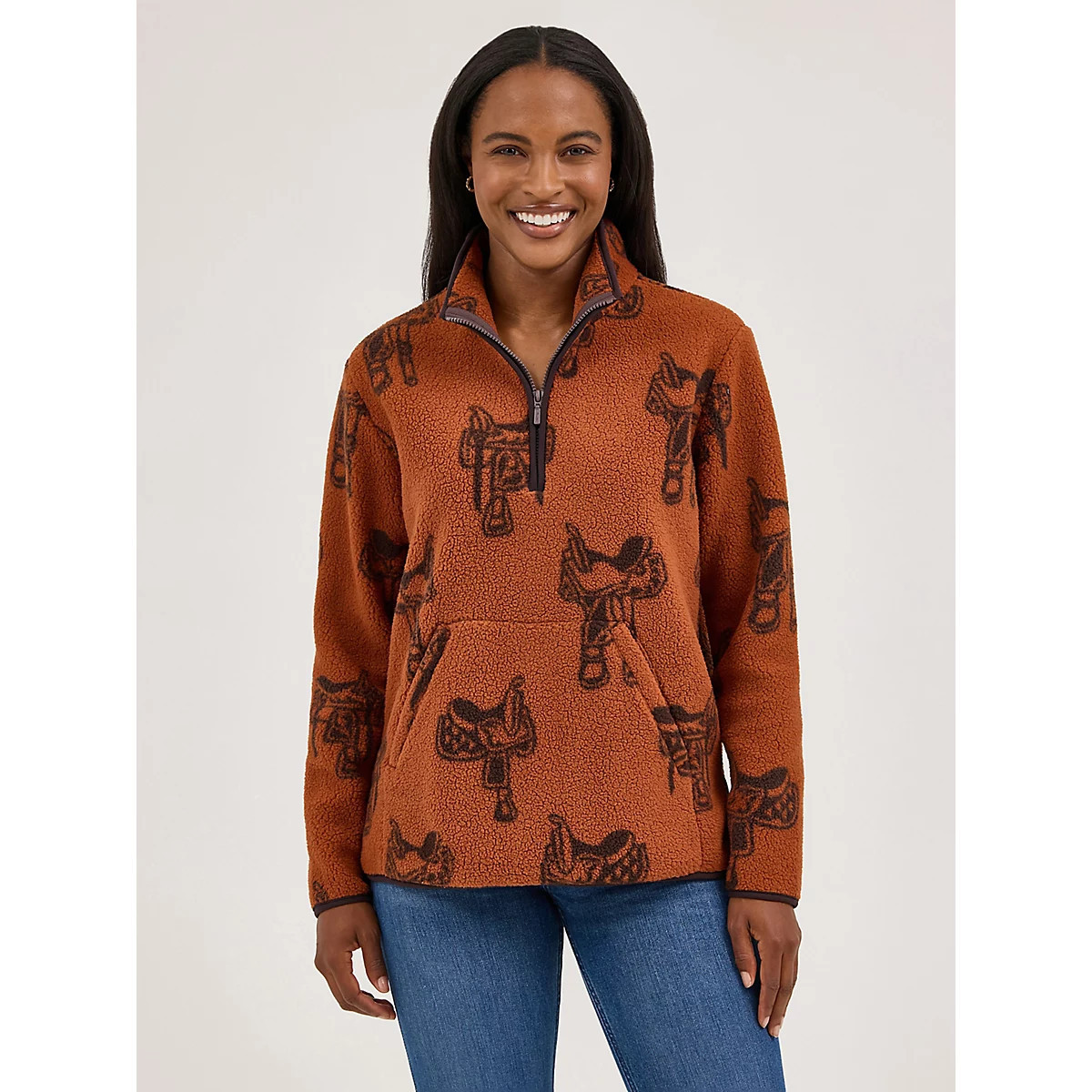 Women's Wrangler Retro® Quarter-Zip Sherpa Pullover in Horse Brown | Wrangler