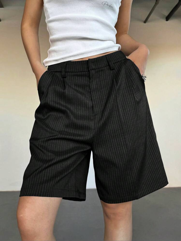 SHEIN EZwear Women's Black Pinstripe Bermuda Shorts: Casual Woven Fabric Shorts With Zipper Detail | SHEIN