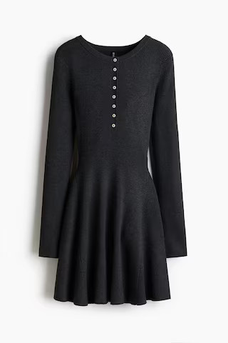 H & M - Rib-Knit Dress with Flared Skirt - Gray | H&M (US + CA)