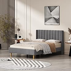 YUHUASHI upholstered Platform Bed Frame/Modern Geometric Double-Wing Design headboard/Flannel and... | Amazon (CA)