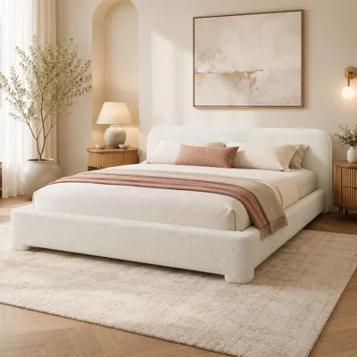 A white Queen upholstered bed adds a touch of softness to the bedroom, creating a romantic and cozy space for relaxation. | Wayfair North America