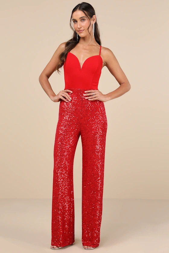 Dazzling Vision Red Sequin Sleeveless Wide-Leg Jumpsuit | Lulus