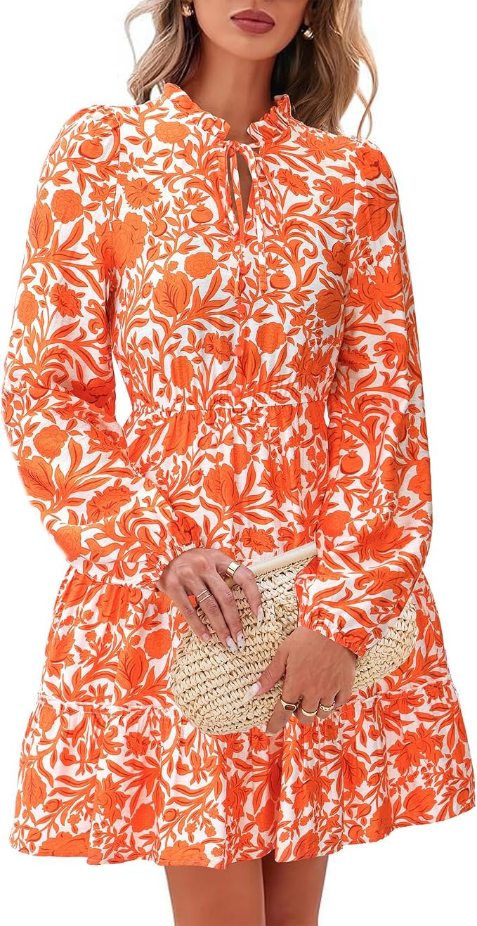 BTFBM Women Fall Dresses 2026 Floral V Neck Long Sleeve Tiered Ruffle Boho Swing Flowy A-Line Min... | Amazon (US)